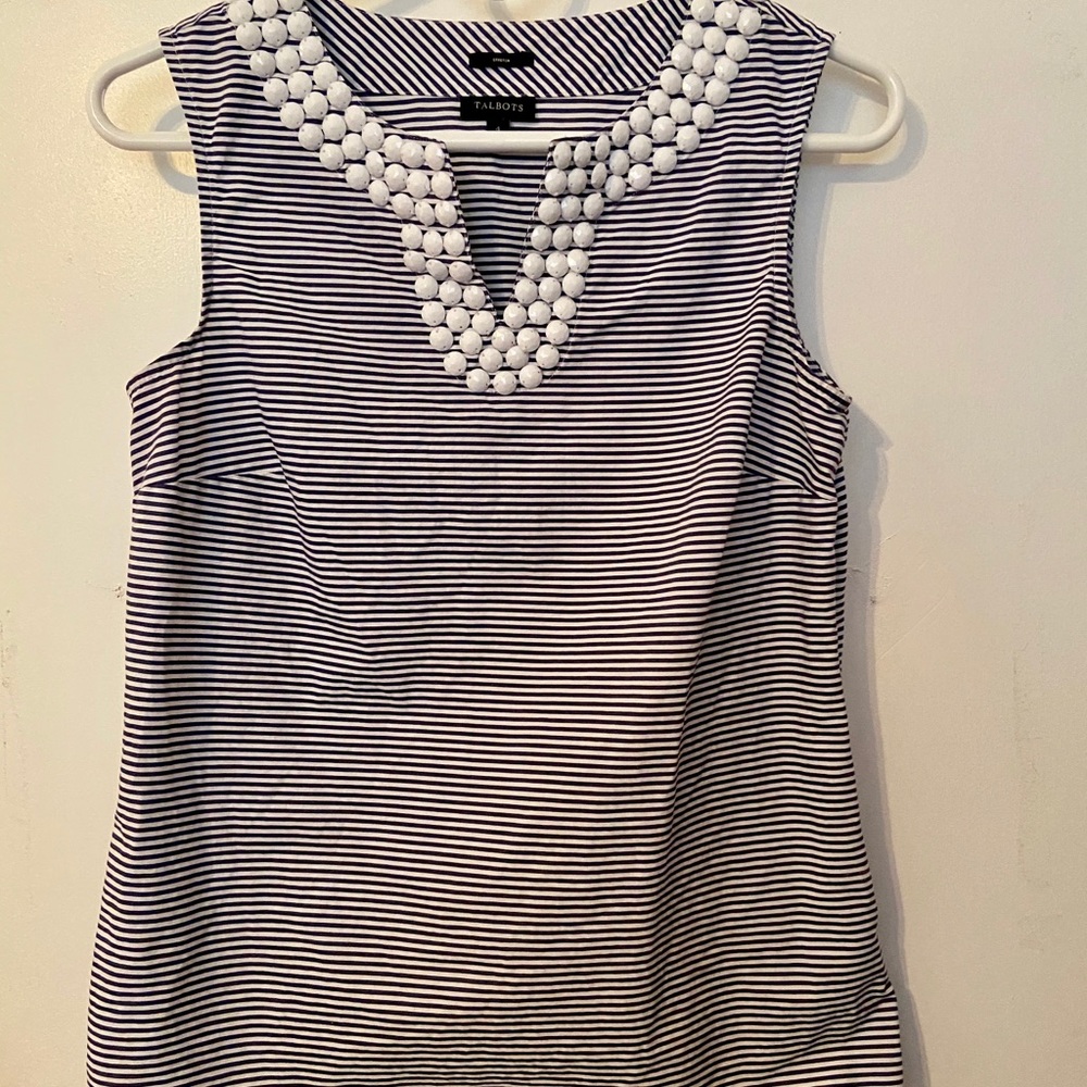 Talbots Striped Sleeveless Top with Beaded Neckline